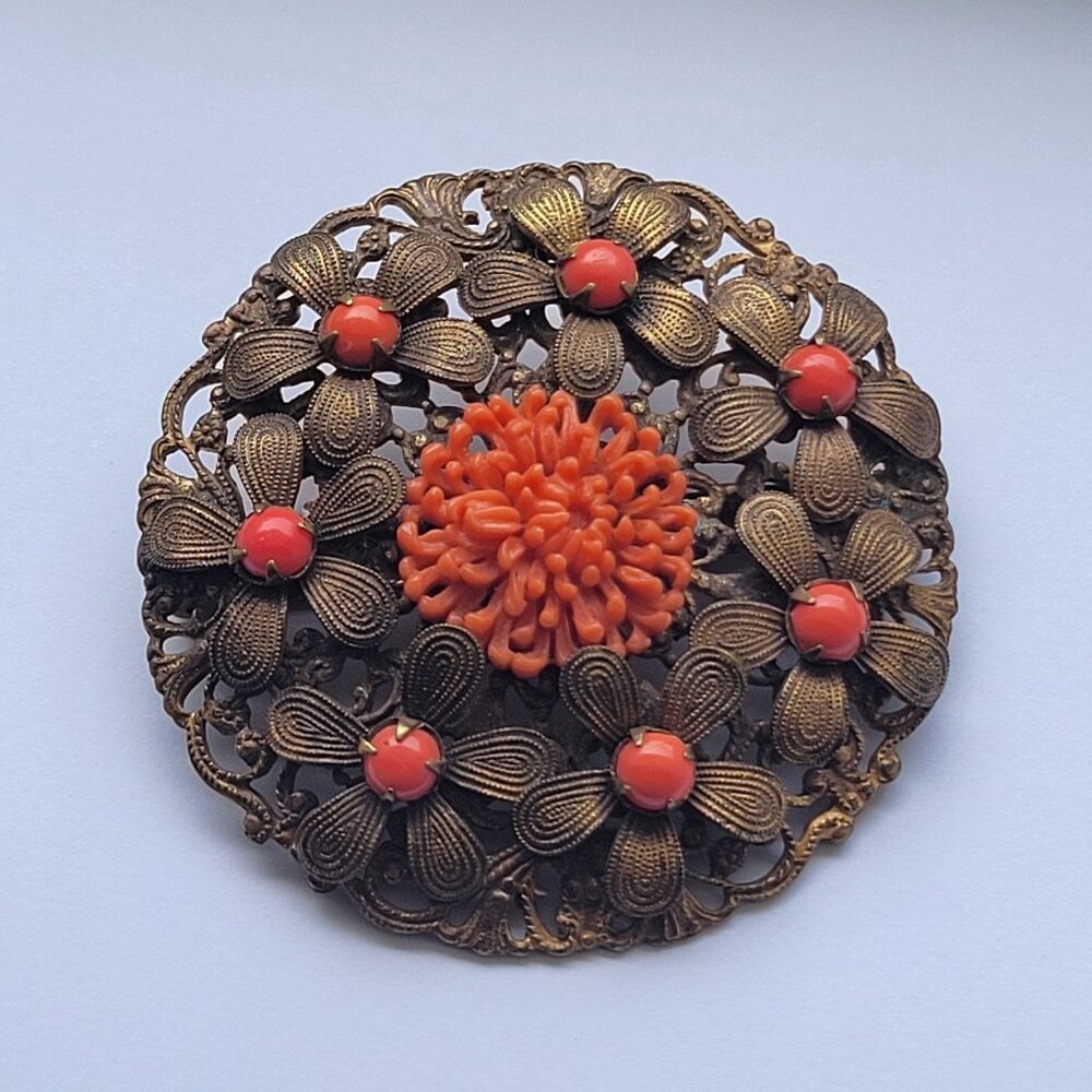 Antique Art Nouveau Brass Floral Flower Brooch Faux Coral Plastic Filigree